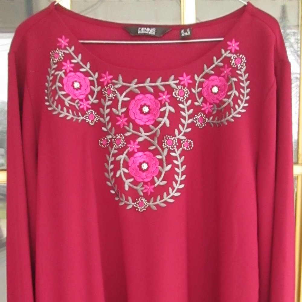 Dennis Basso Crepe Top Embroidered Beaded Ruffled Hem Burgundy Large